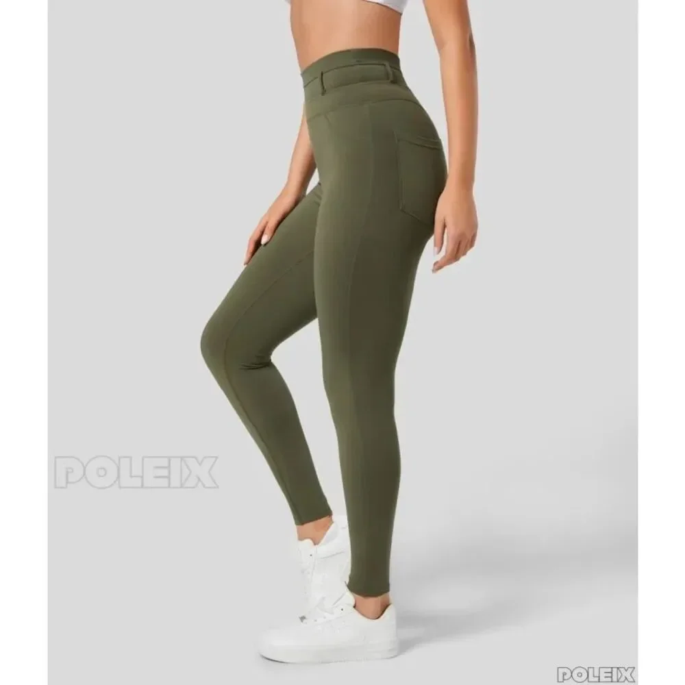 Halara Army Green High Waisted 7/8 Leggings Back Pockets Workout Yoga L NWT